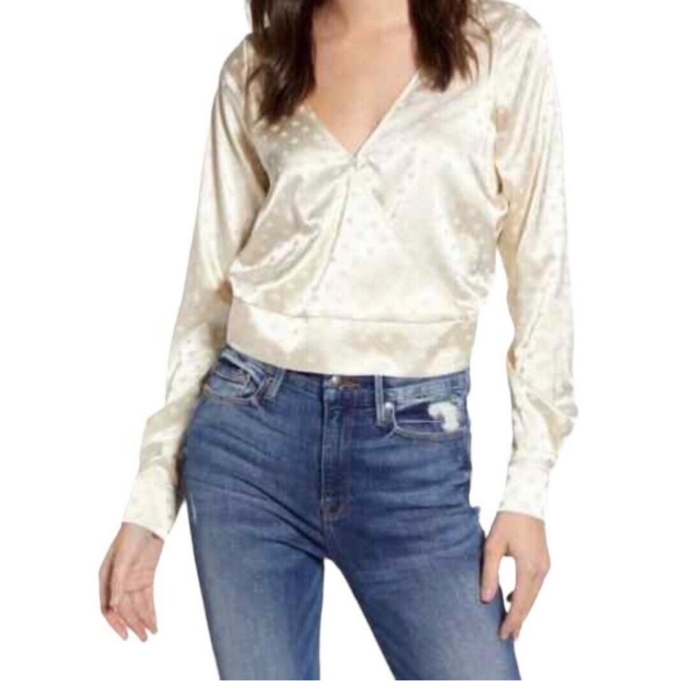 BNWT Good American Jacquard Polka Dot Satin Top Blouse Ivory Size 0